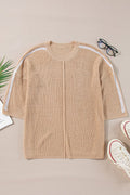 Contrast Stripe 3/4 Sleeve Crew Neck Sweater