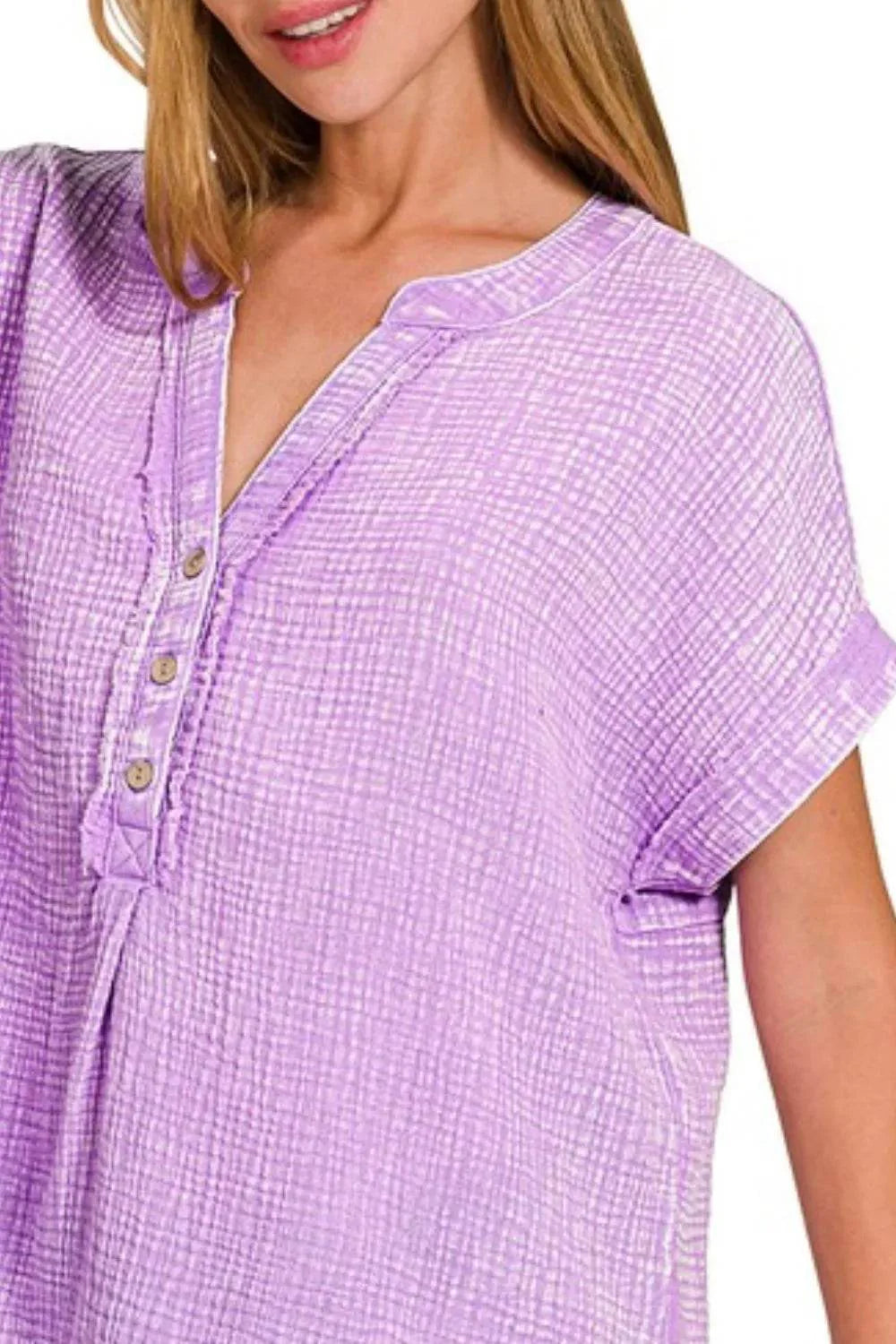 Zenana Washed Double Gauze 3/4 Button Henley Neck Shirt
