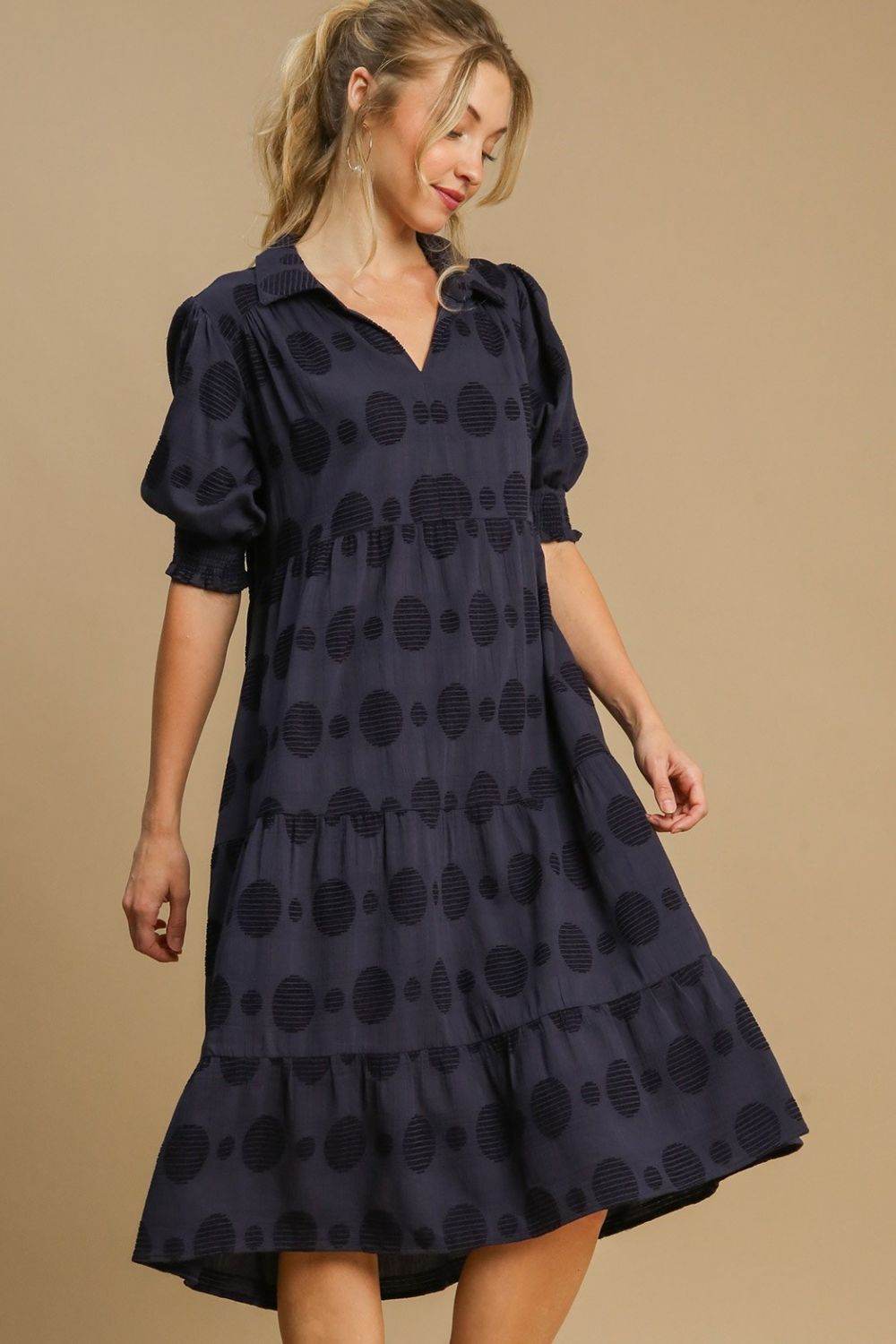 Umgee Full Size Swiss Dot Jacquard Tiered Midi Dress Plus Size