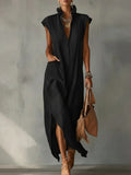 Women's Cotton-Linen Sleeveless Solid-Color Dress