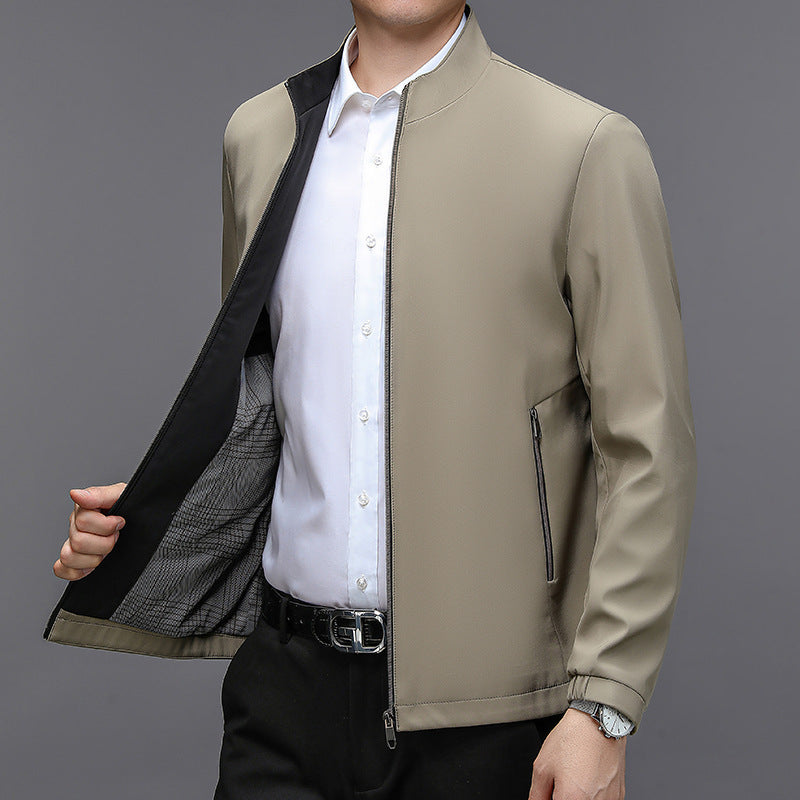 Men's Stand Collar Casual Jacket - Lightweight Middle-Aged Outerwear (Blue/Black/Brown, Sizes 170-195cm)
