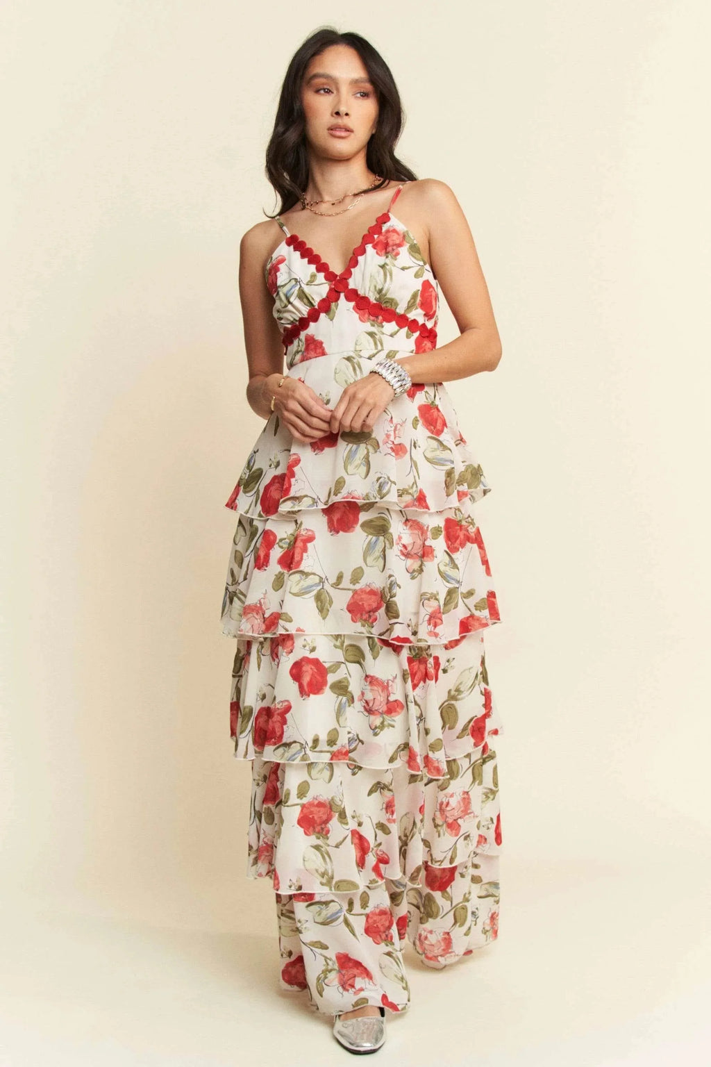 Davi & Dani Contrast Ring Lace Layered Ruffle Maxi Cami Dress