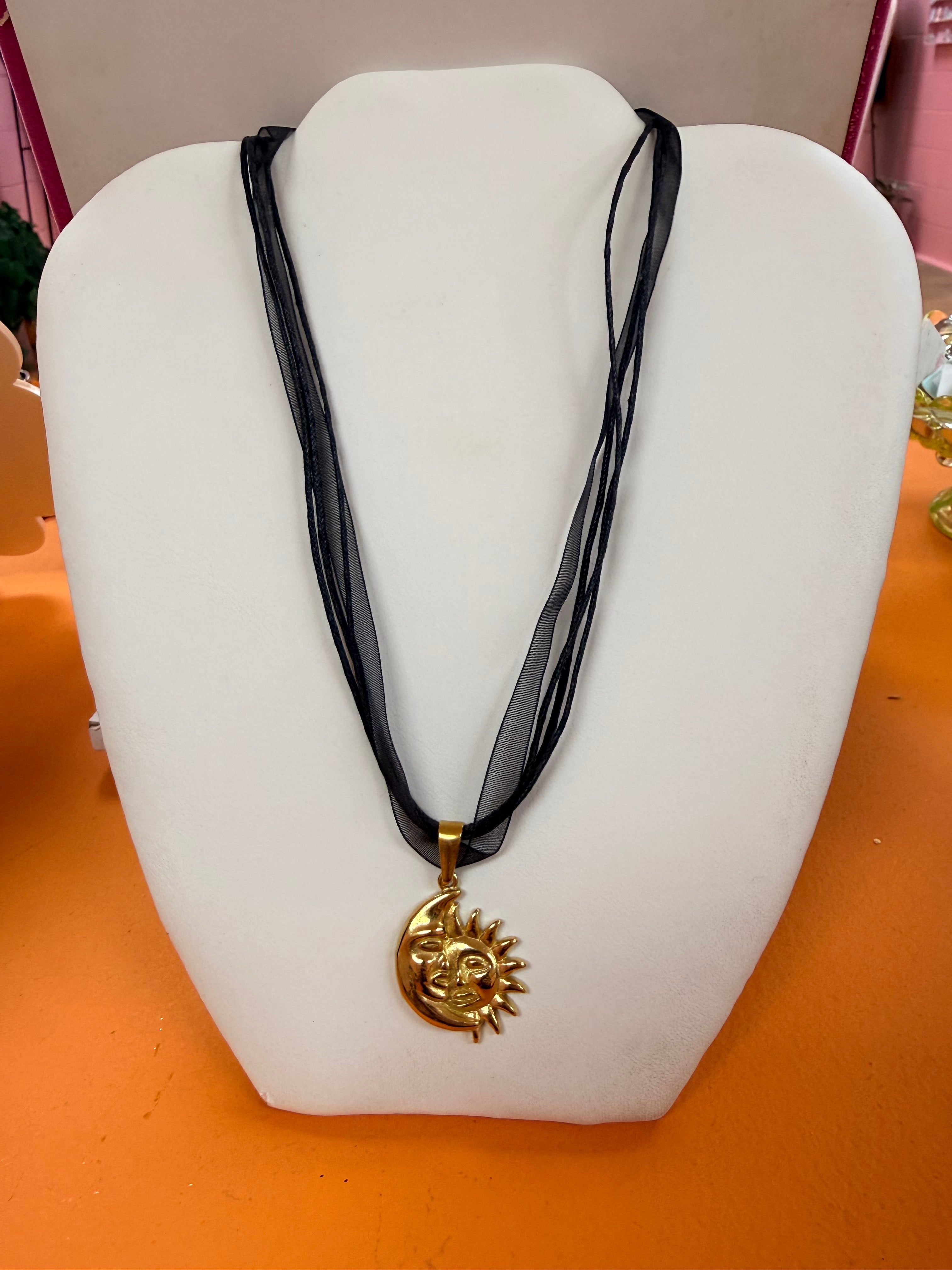 Black Ribbon Titanium Charm Necklaces