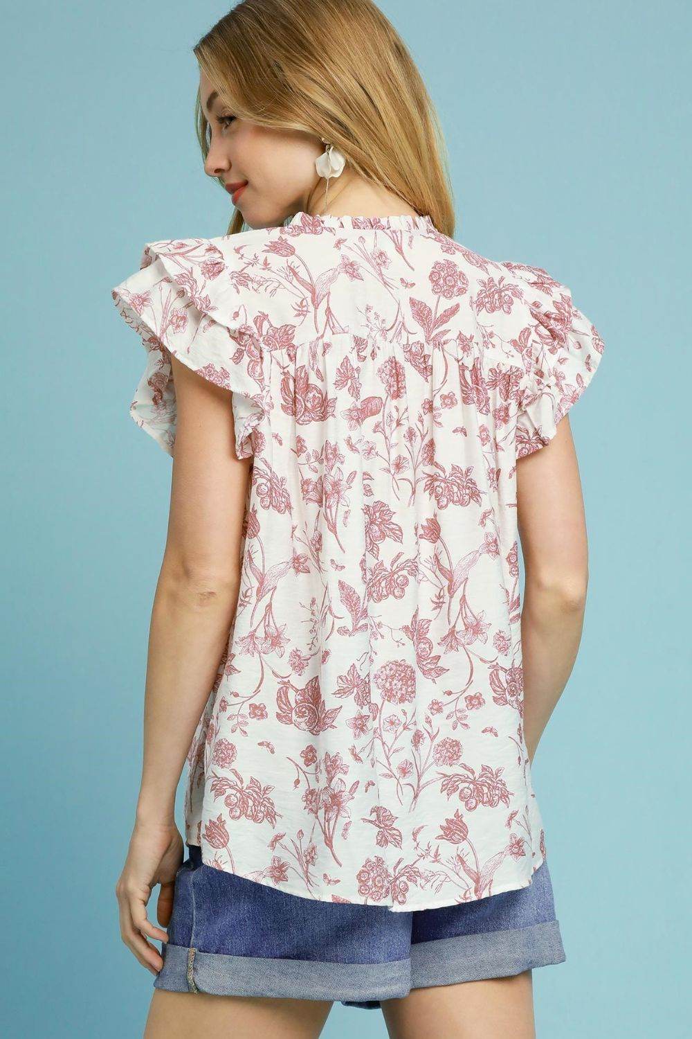 Umgee Full Size Two Tone Boxy Cut Floral Print Blouse Plus Size