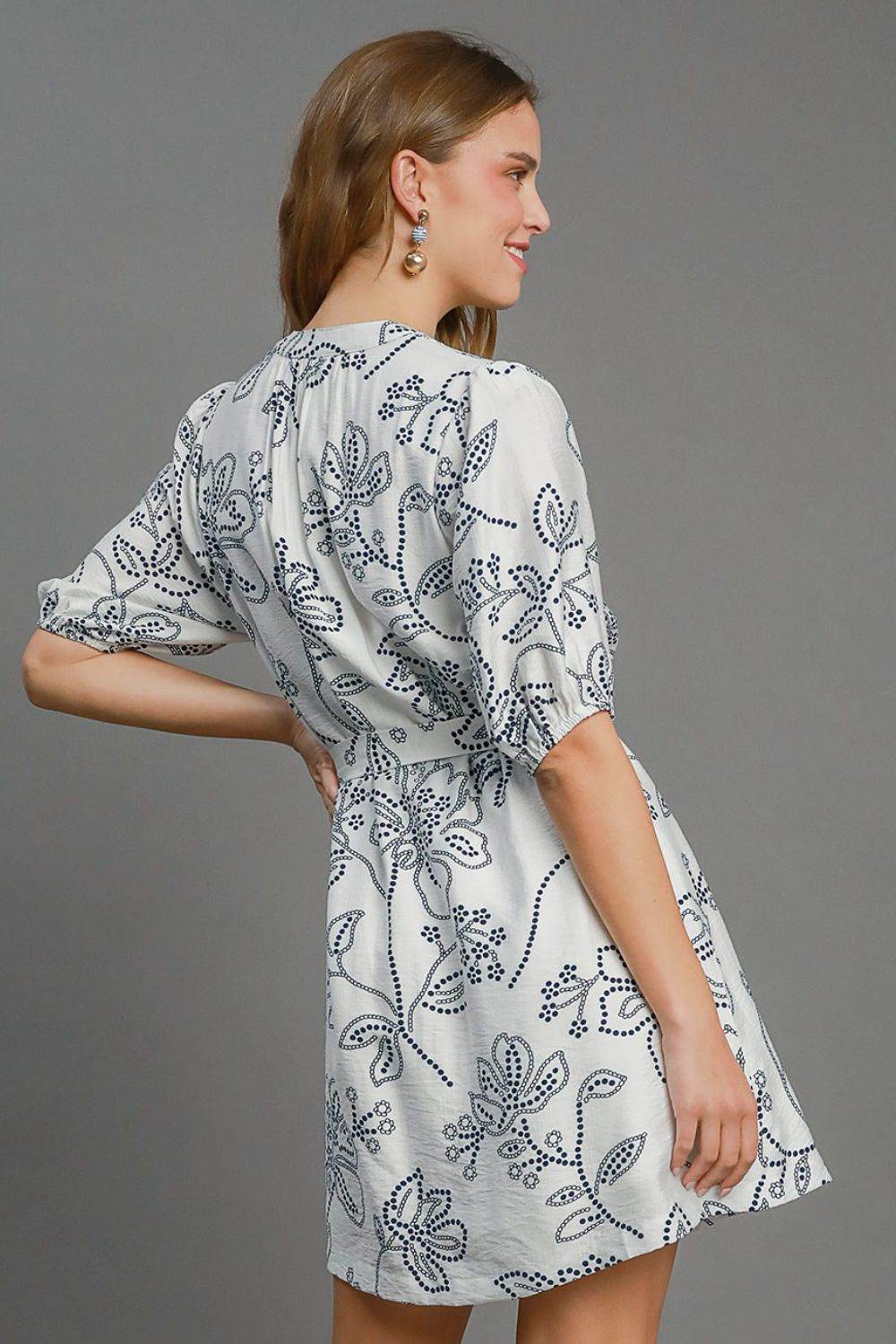 Umgee Full Size Floral Print Notched Puff Sleeve Mini Dress Plus Size
