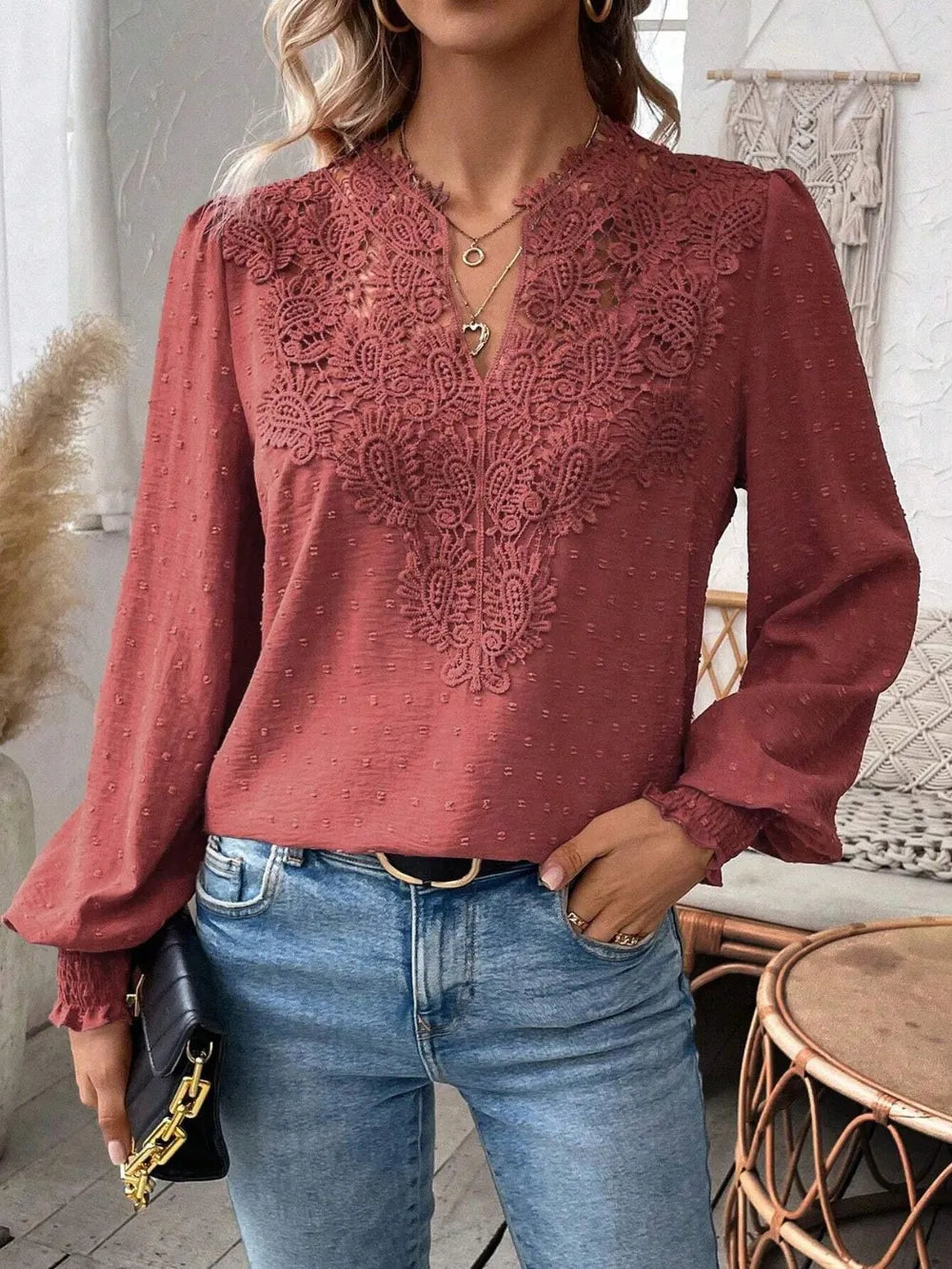 Swiss Dot Lace Detail Notched Long Sleeve Blouse – Feminine Style