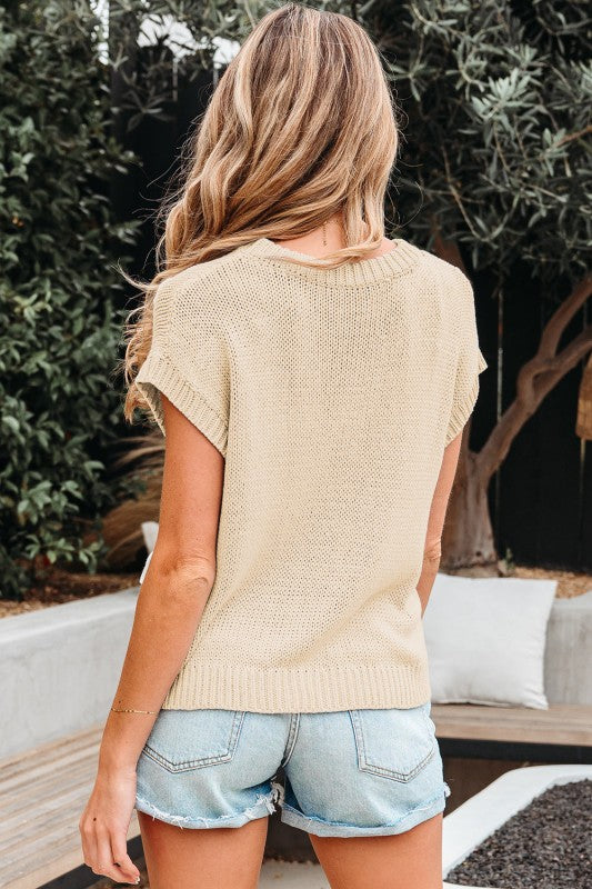 Solid Bow Applique Cap Sleeve Sweater