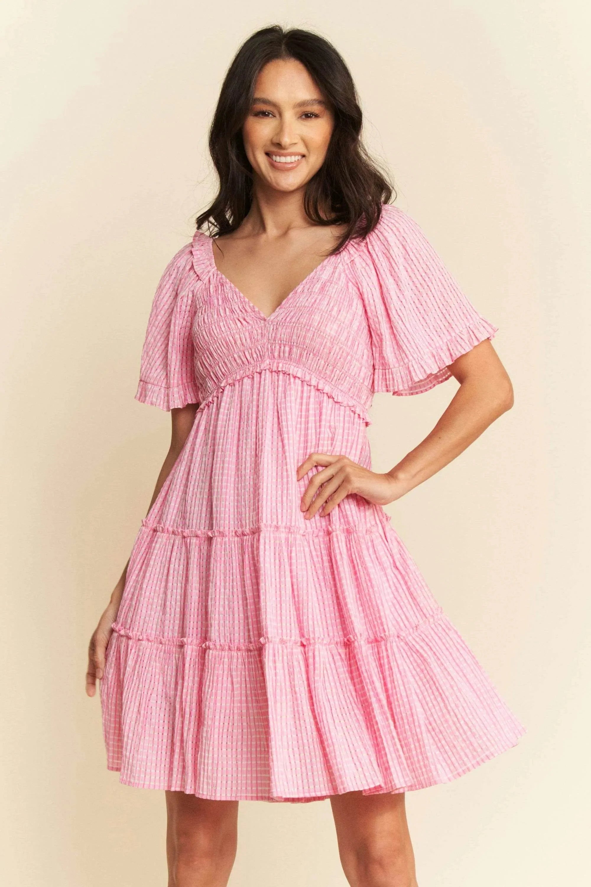Davi & Dani Jacquard Checker Smocking Tiered Dress