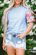 Pearl Gingham Floral Embroidered Puff Sleeve Blous