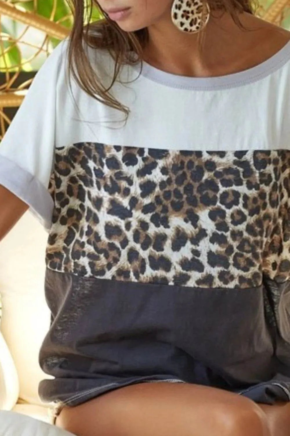 BiBi Leopard Printed Jersey  Color Block Roll Up Top