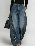 Women's Metal Eyelet High Waist Loose Wide-Leg Jeans – Light Blue, Black, Dark Blue