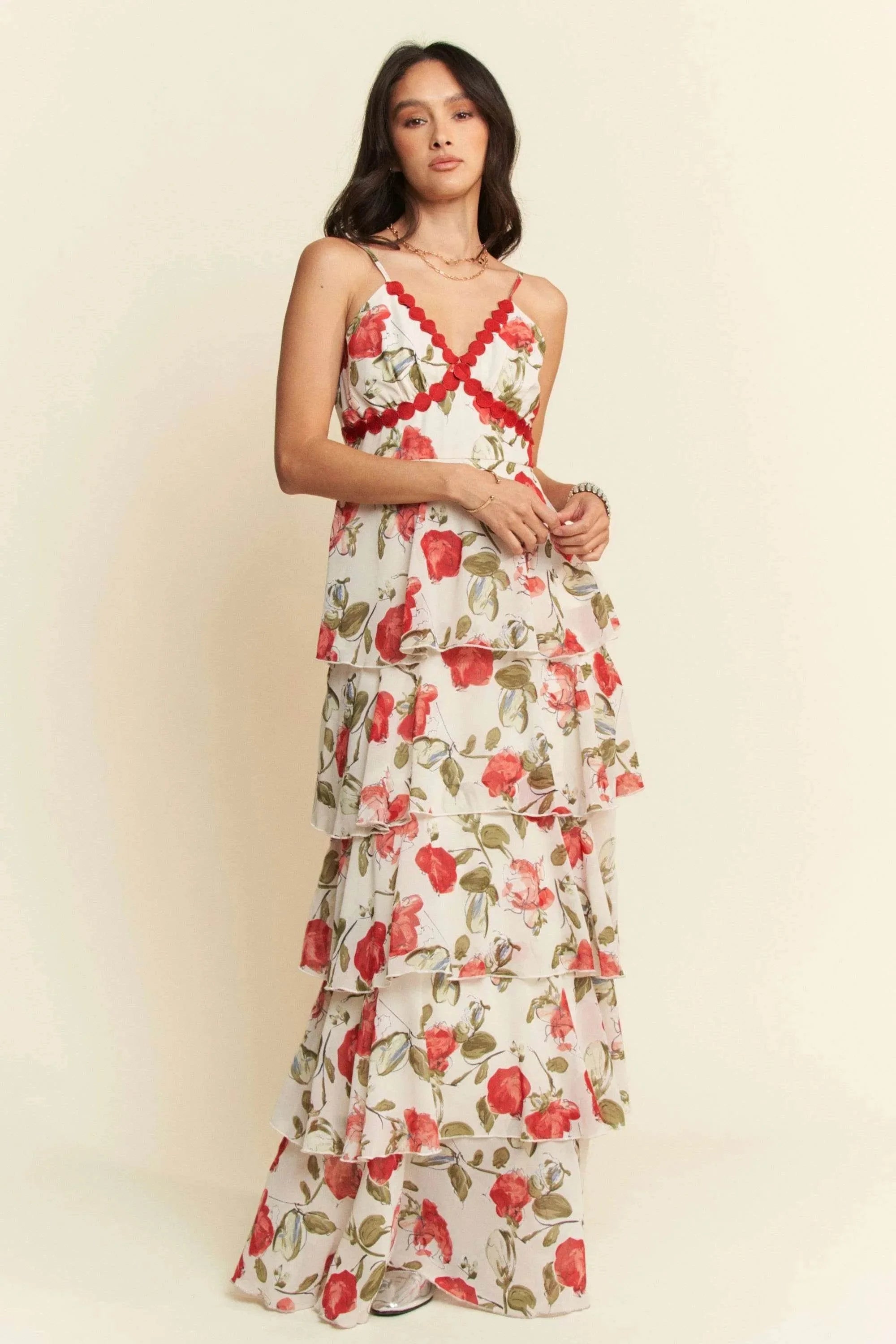 Davi & Dani Contrast Ring Lace Layered Ruffle Maxi Cami Dress