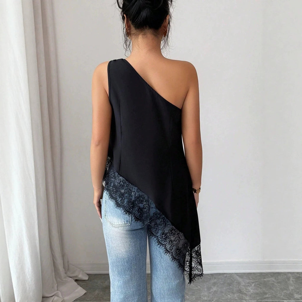 Off-Shoulder Metal Buckle Lace Patchwork Vest – Irregular Hem Loose Fit