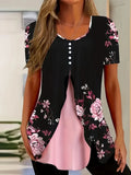 Summer New Short-sleeved Printed Fake Two-piece T-shirt V-neck Fashion Spike Top