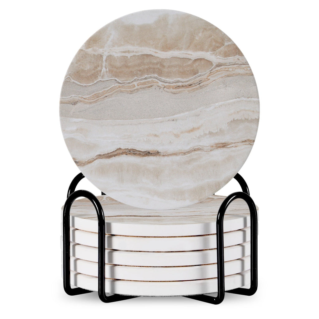 Set Of 6 Beverage Coasters With Stand Round 4in Ceramic Coaster With Metal Stand Absorbent Marble Stone Coaster With Cork Base