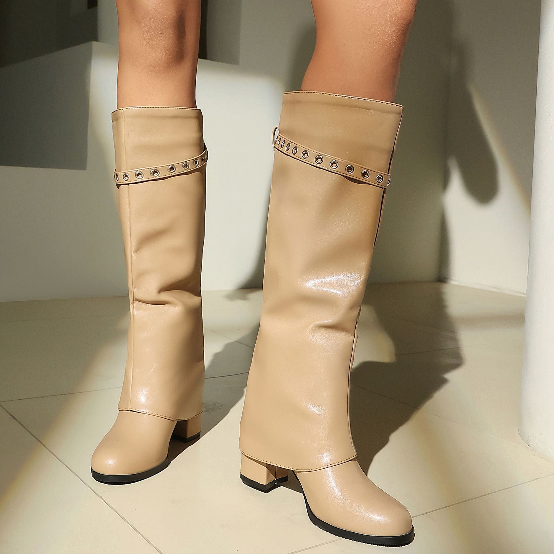 Women's Tall Knee-High Boots – Eyelet Buckle Strap Chunky Heel Slip-On