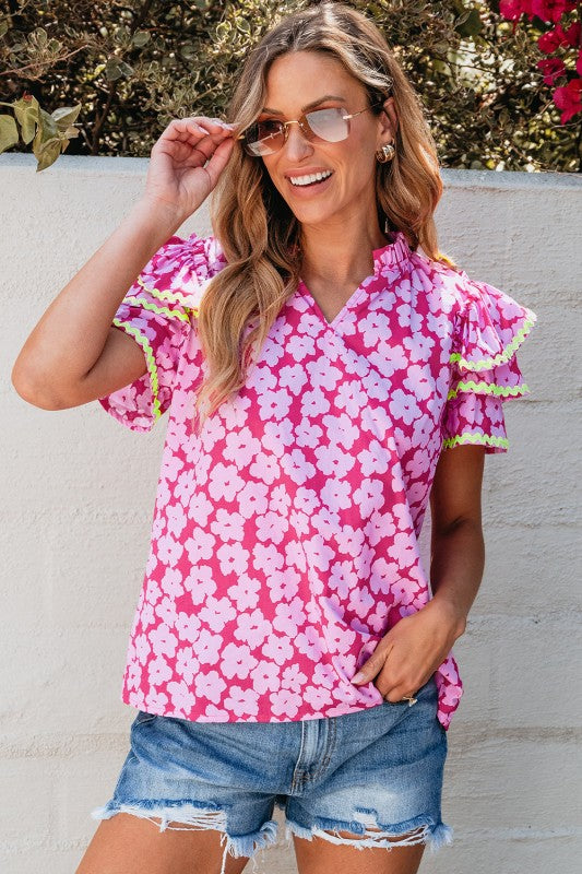 Capri Floral Ric Rac Ruffle Sleeve Blouse