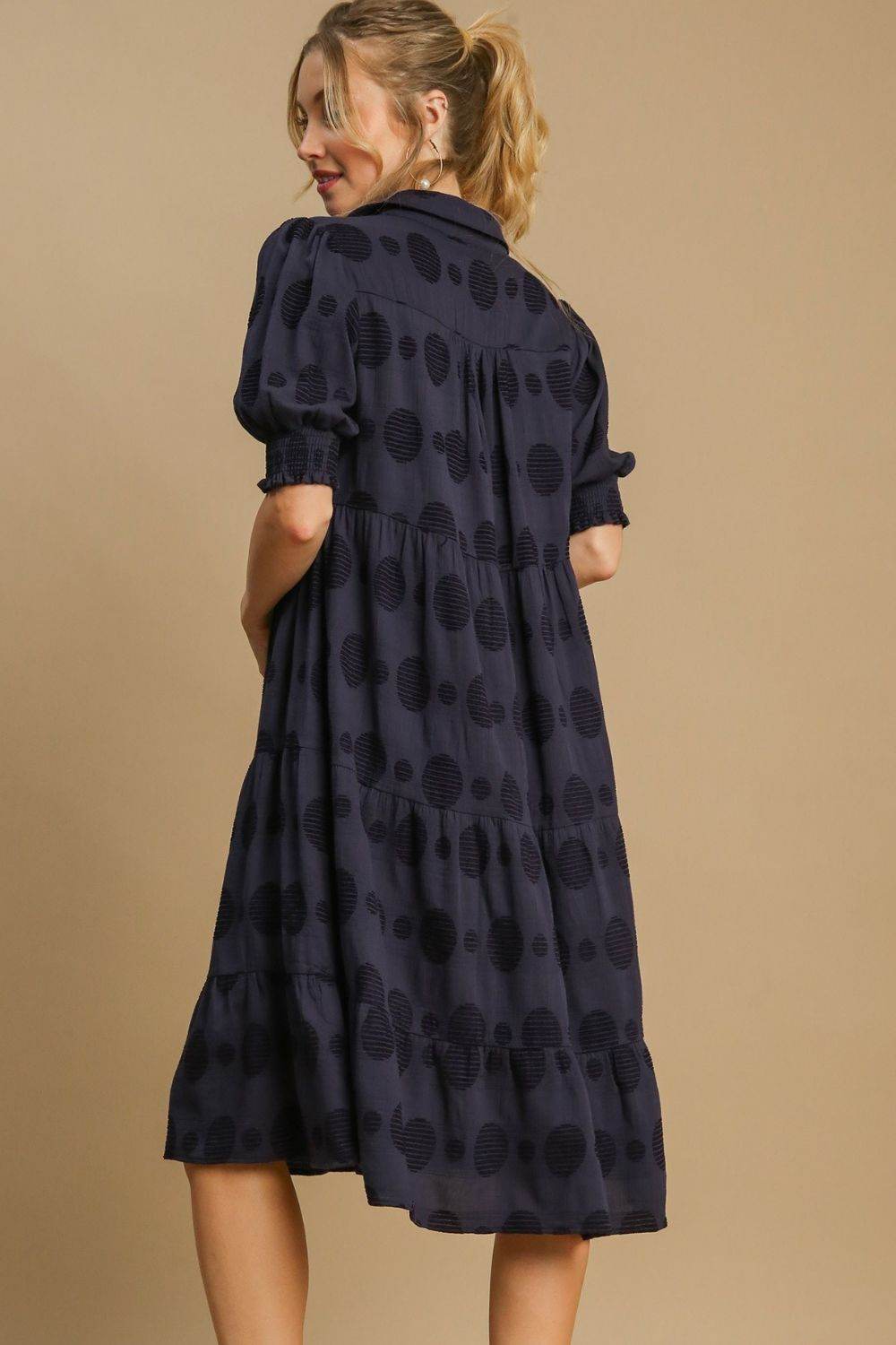 Umgee Full Size Swiss Dot Jacquard Tiered Midi Dress Plus Size