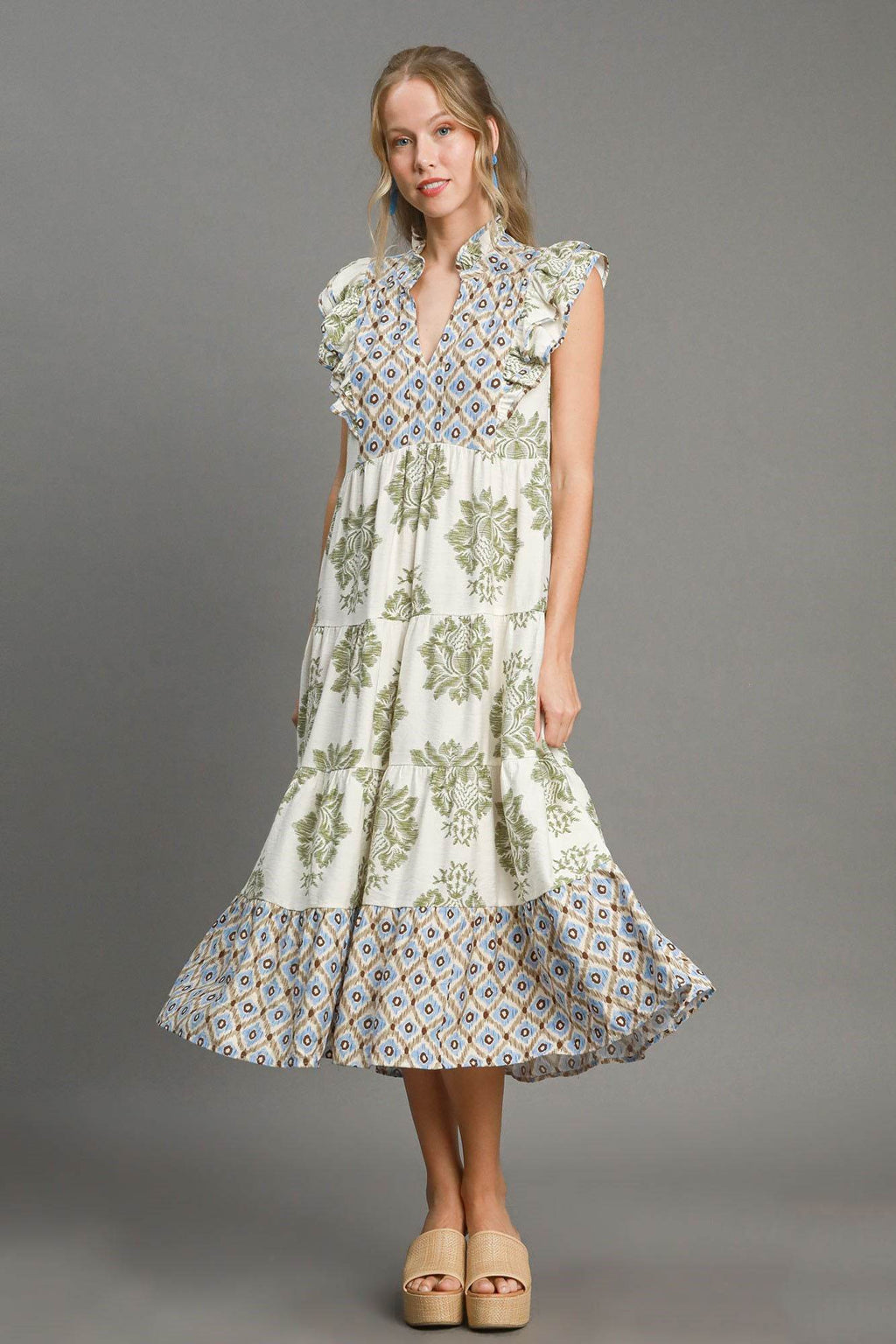 Umgee Full Size Mixed Print Ruffle Cap Sleeve Midi Dress Plus Size
