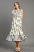 Umgee Full Size Mixed Print Ruffle Cap Sleeve Midi Dress Plus Size