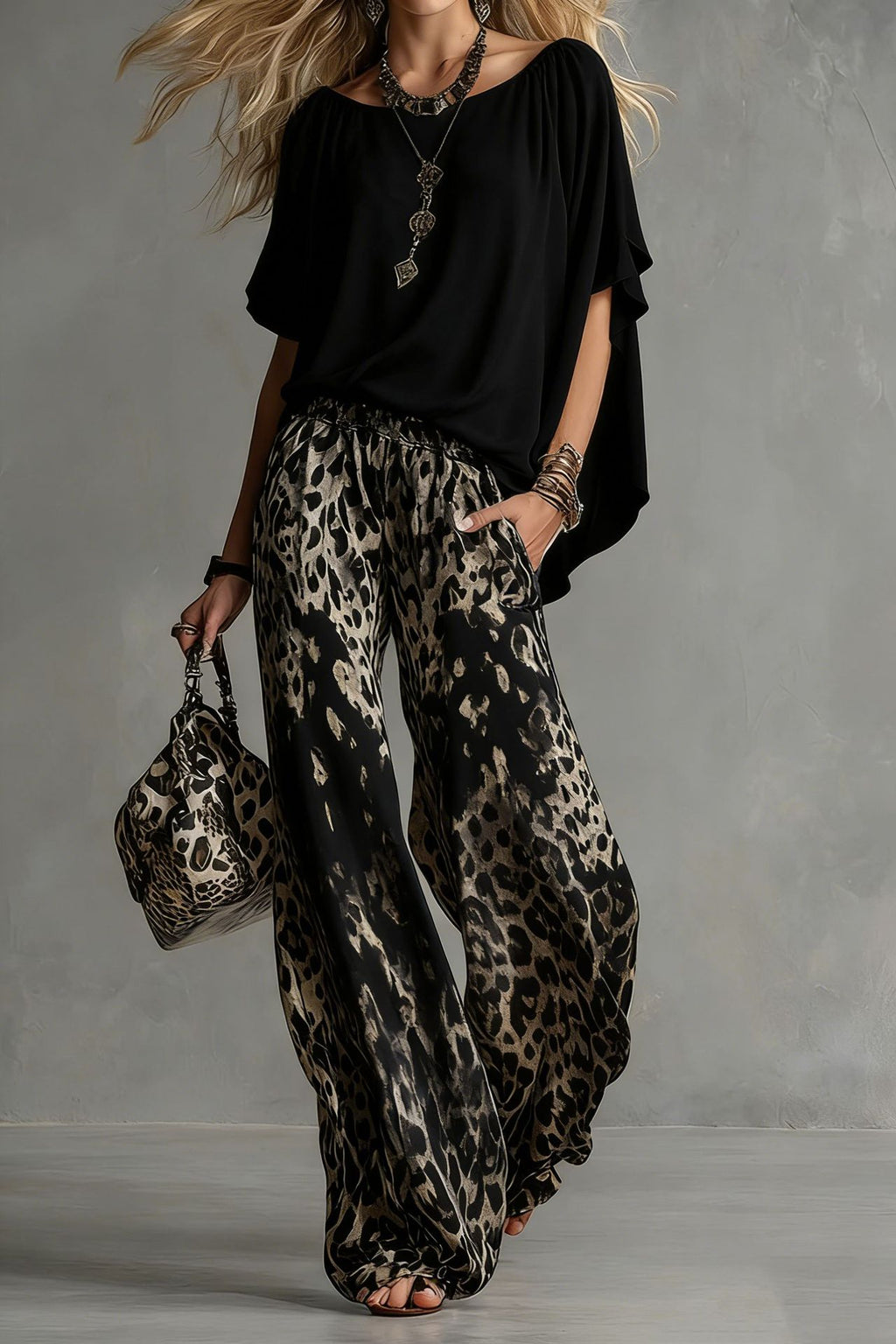 Chiffon Puff-Sleeve Top & Wide-Leg Pants Set – 15 Colors