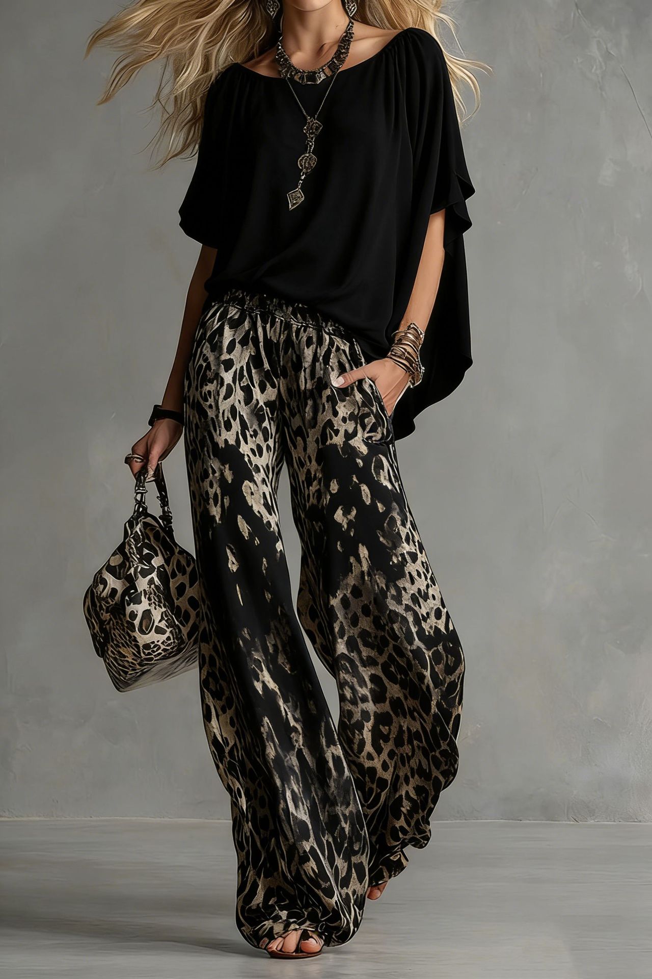 Chiffon Puff-Sleeve Top & Wide-Leg Pants Set – 15 Colors