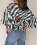 Women's Striped Back Tie-Bow Pullover Top – Round Neck 3/4 Sleeve