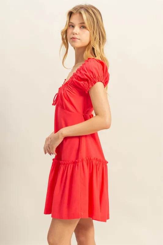 HYFVE Ruched Frill Tiered Short Sleeve Mini Dress