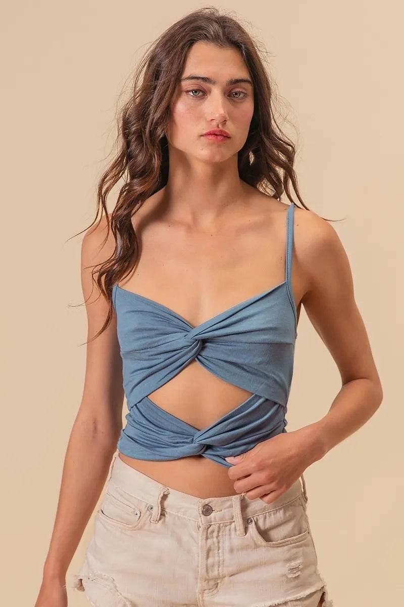 BiBi Rayon Span Jersey Knit Double Twist Front Cami Top