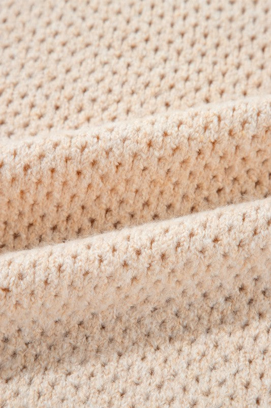 Solid Eyelet V-Neck Drop Shoulder Sweater