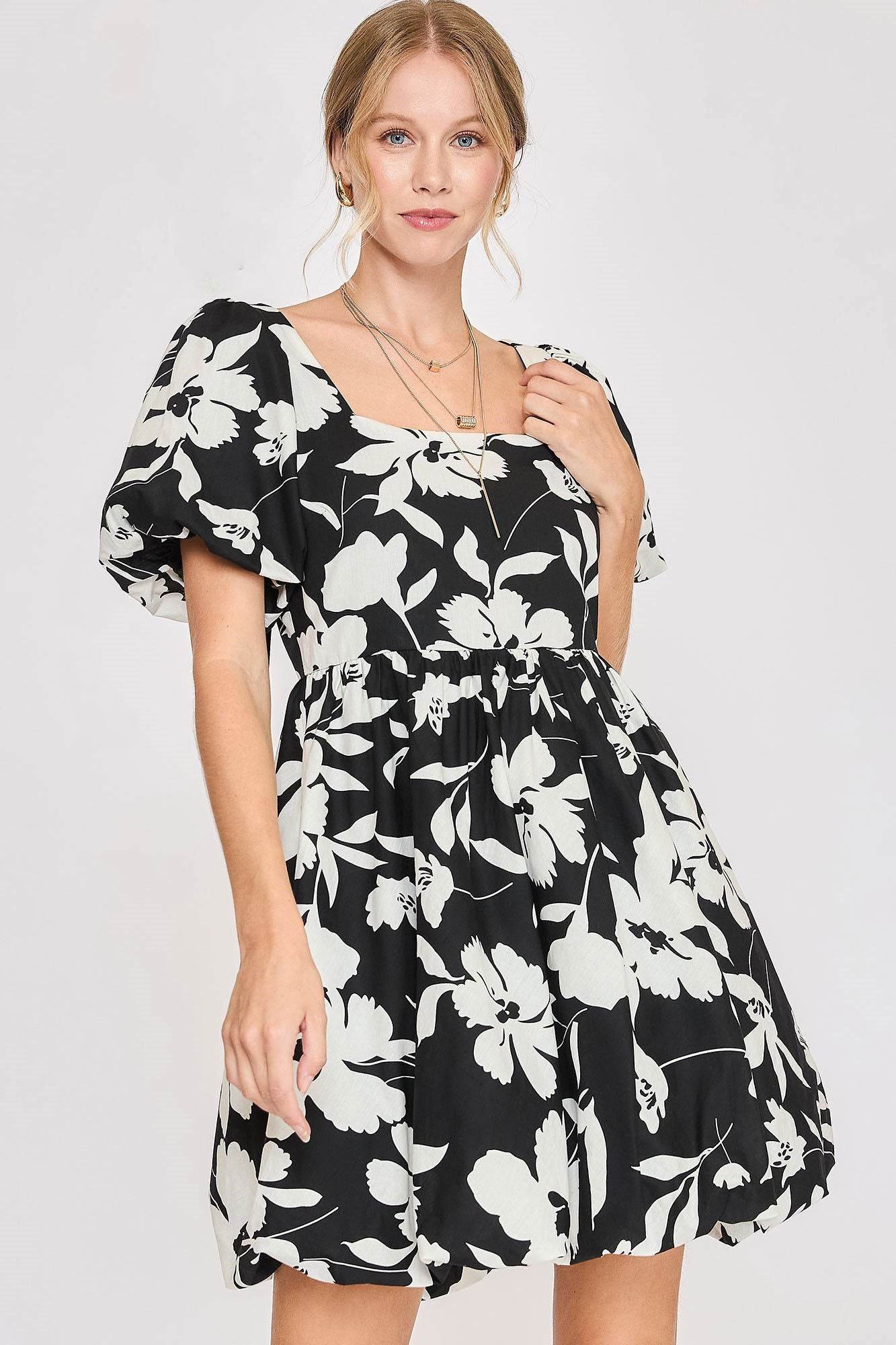 Umgee Full Size Two Tone Floral Print Babydoll Dress Plus Size