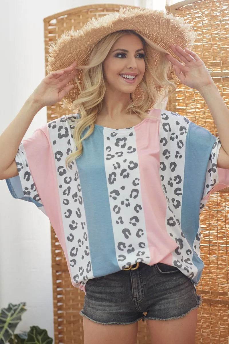 BiBi Leopard Stripe Printed French Terry Oversized Top