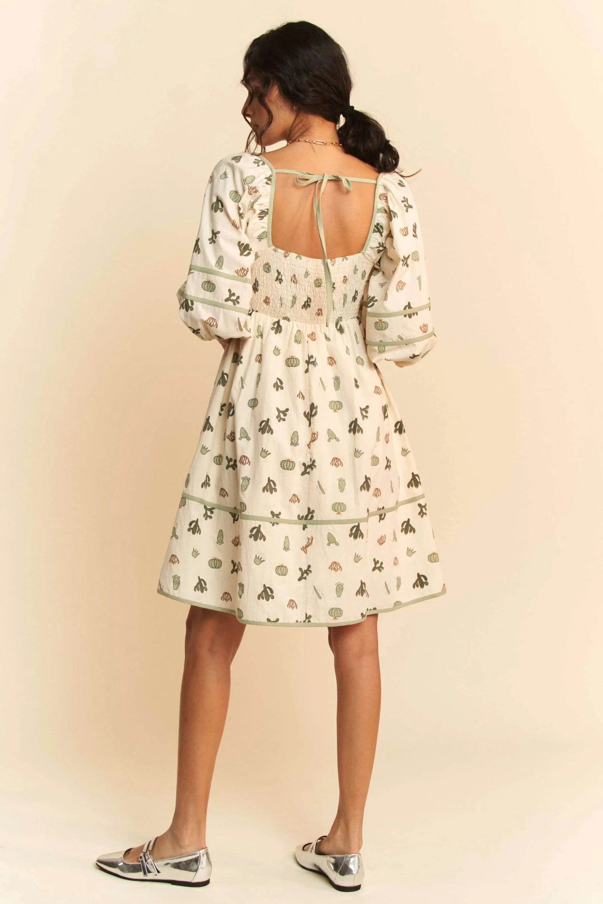 Davi & Dani Cactus Printed Poplin Contrast Piping Mini Dress
