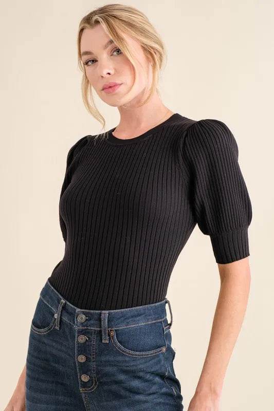 And The Why Puffed Half Sleeve Rib Basic Bodysuit