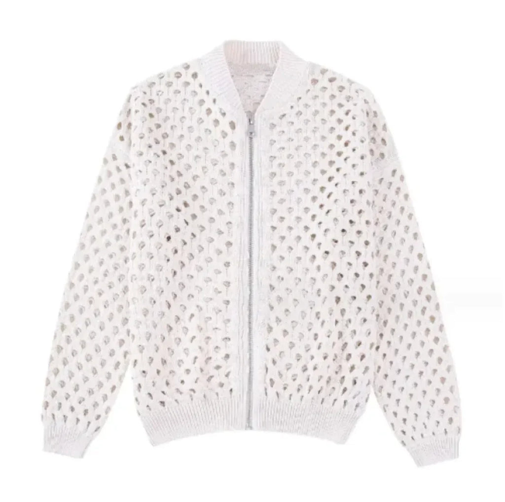 Open Knit Zip-Up Bomber Jacket