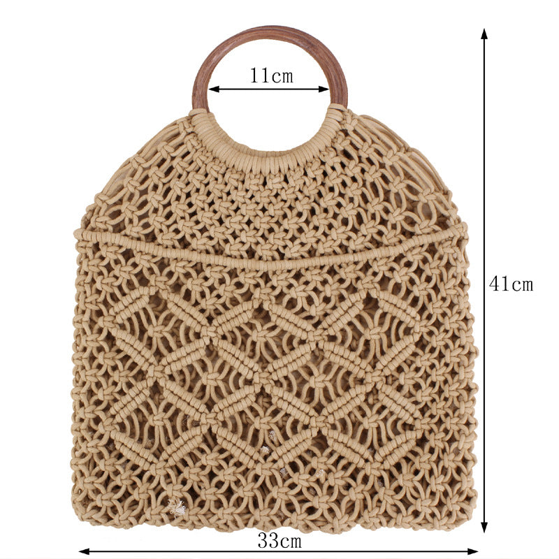 Popula Cotton Rope Hollow Straw Bag Sheer Macrame Tote wooden ring rattan handle Net Bag Vintage Retro Chic handbag