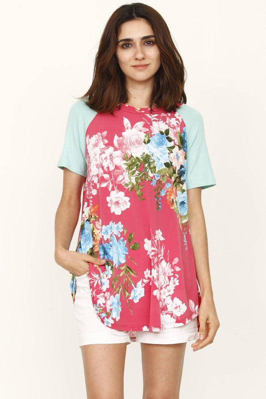 raglan sleeve floral tunic top