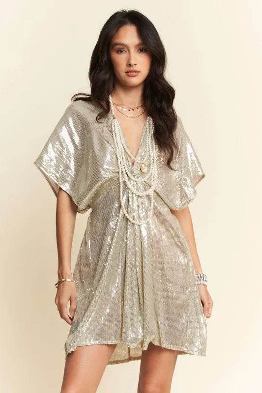 Davi & Dani Sequin Plunge Neck Knot Cut Out Tie Back Party Dress
