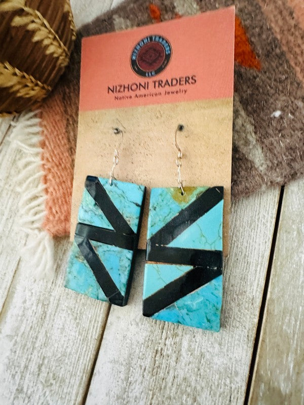 Santo Domingo Turquoise & Onyx Inlay Dangle Earrin