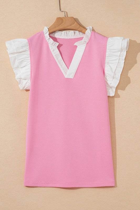 Serena Contrast V Neck Ruffled Textured Knit Top
