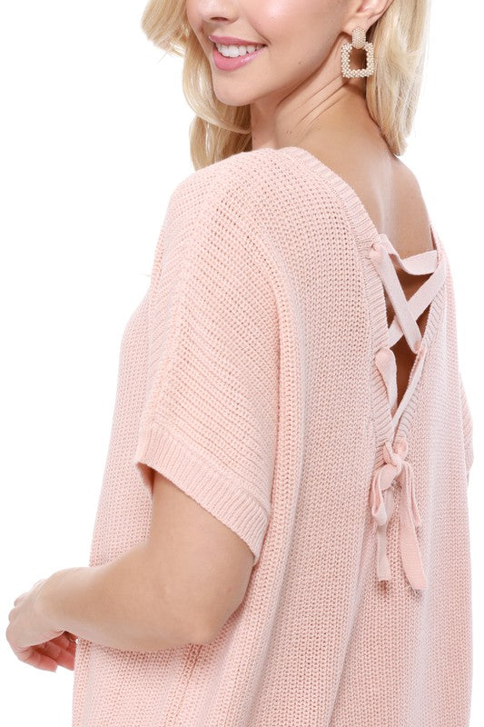 Open Back Half Sleeve Loose Fit Summer Knit Top
