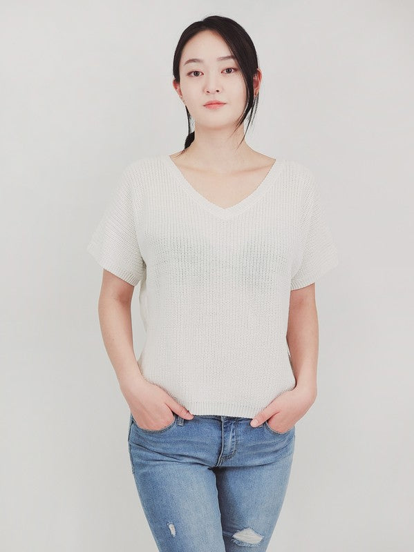Open Back Half Sleeve Loose Fit Summer Knit Top