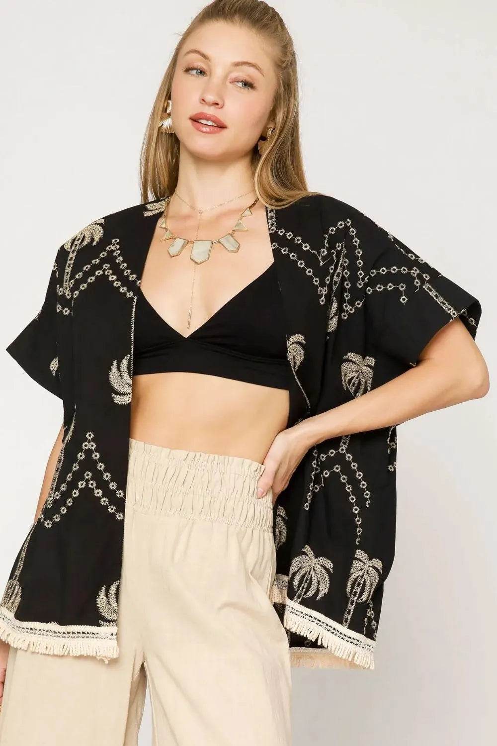 Umgee Open Front Embroidered Fringe Kimono