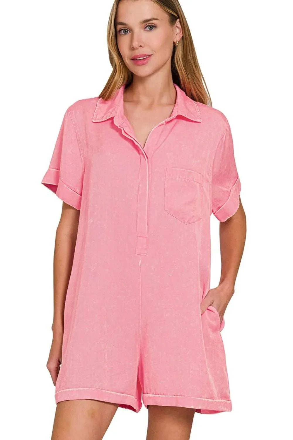 Zenana Tencel Mineral Washed Half Button Shirts Romper