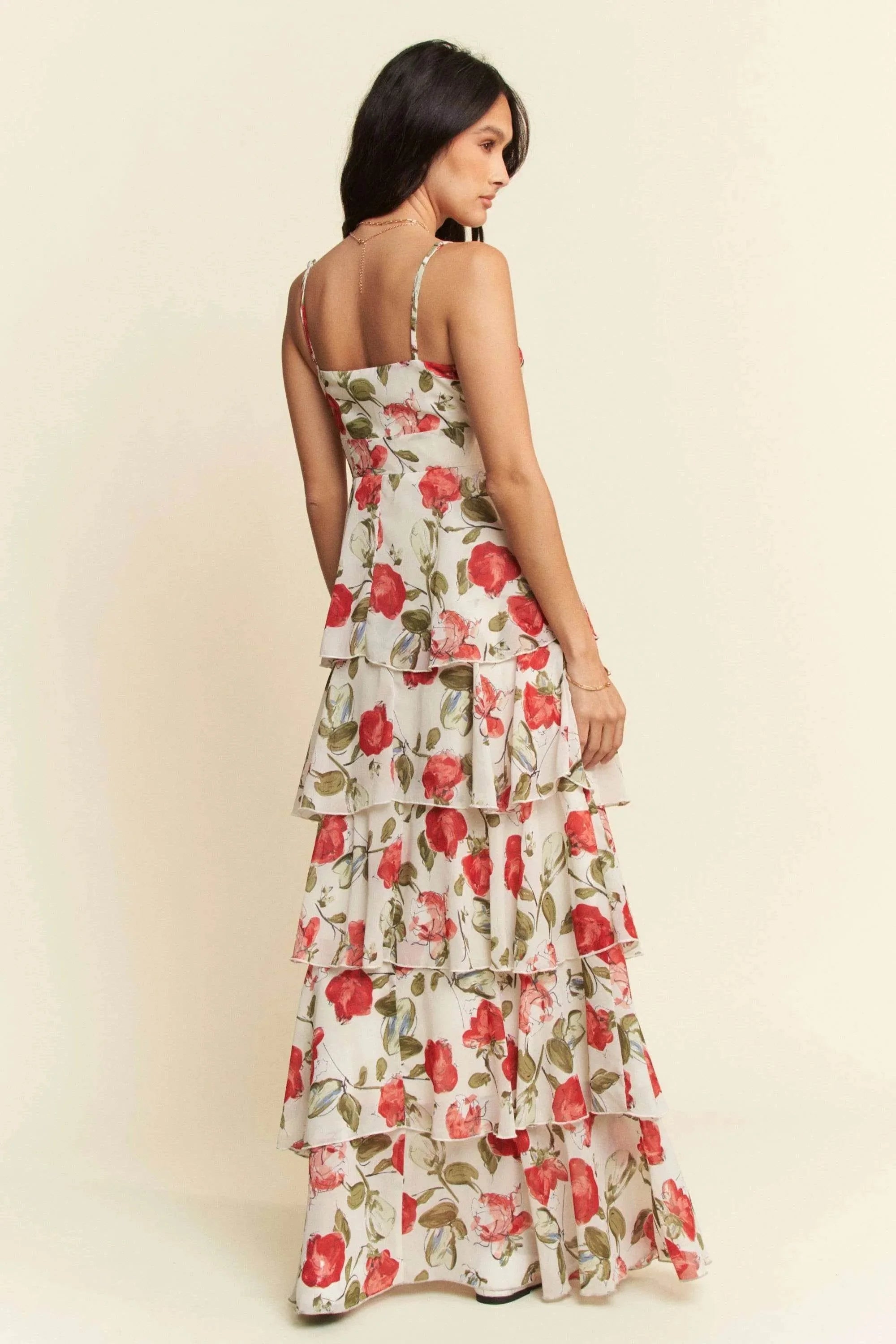 Davi & Dani Contrast Ring Lace Layered Ruffle Maxi Cami Dress