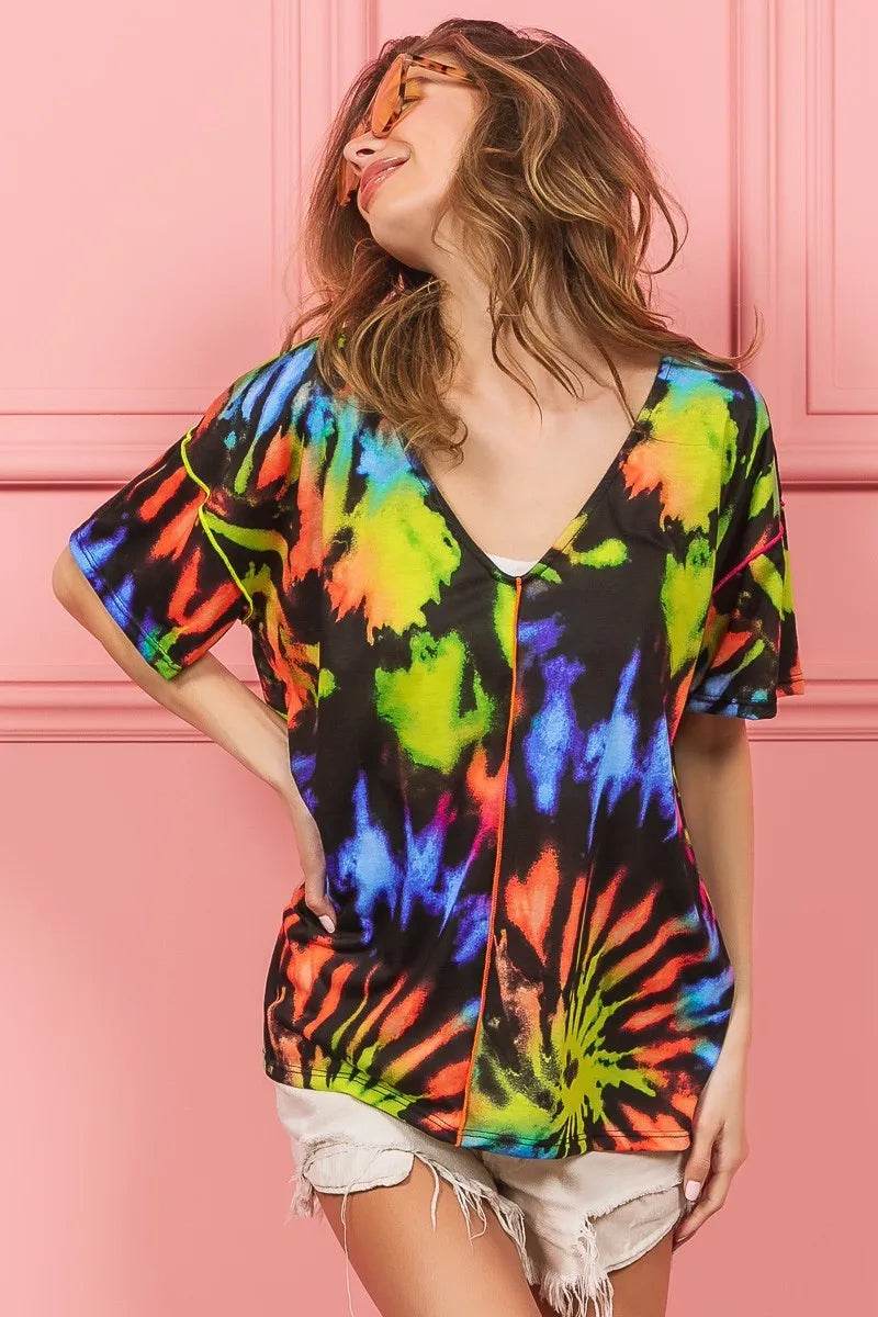 BiBi Tie Dye Print Jersey Stitched V Neck Top