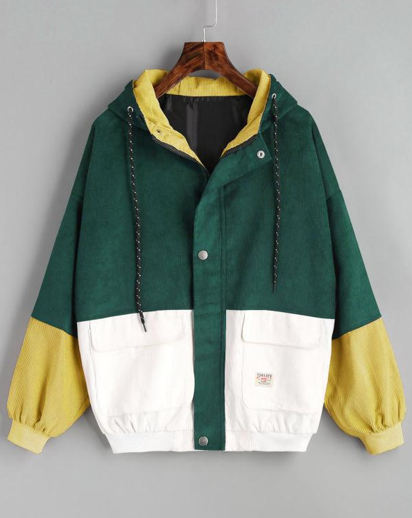 2021 Korean version of college wind student BF loose color matching hooded baseball uniform corduroy tooling jacket female