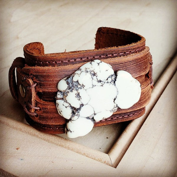 Chunky White Turquoise on Dusty Leather Cuff