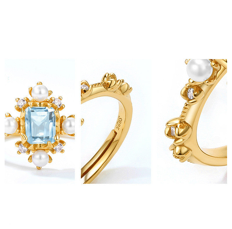 Japanese Light Luxury Natural Blue Topaz Geometric Ring