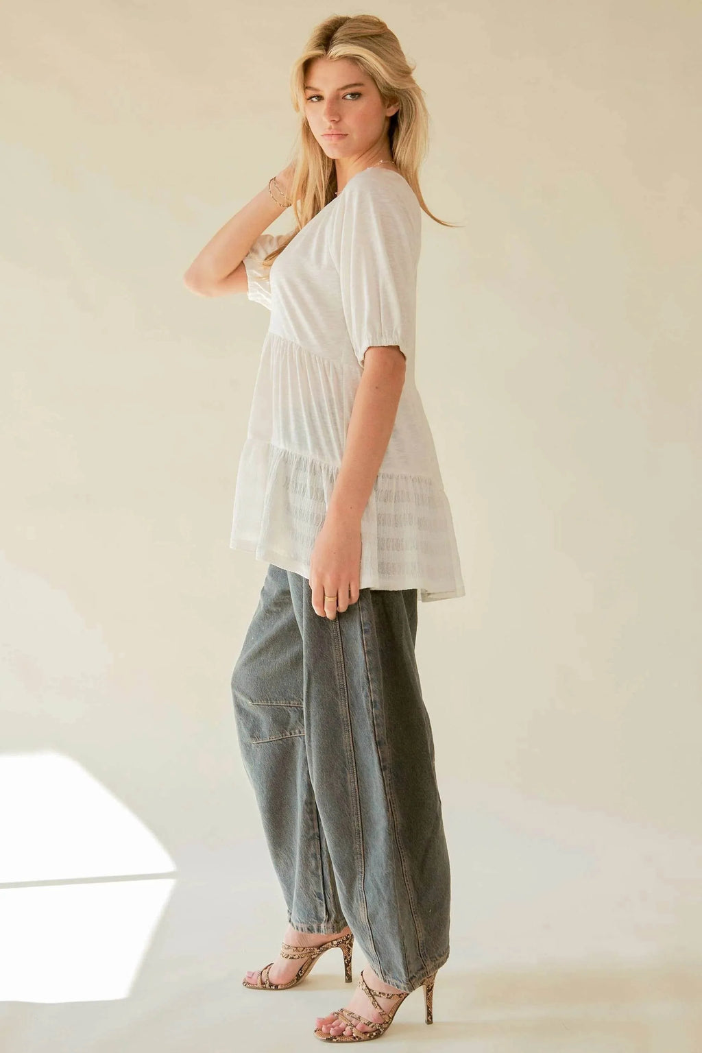 Davi & Dani Ruffled Flared Short Sleeve V Neck Blouse